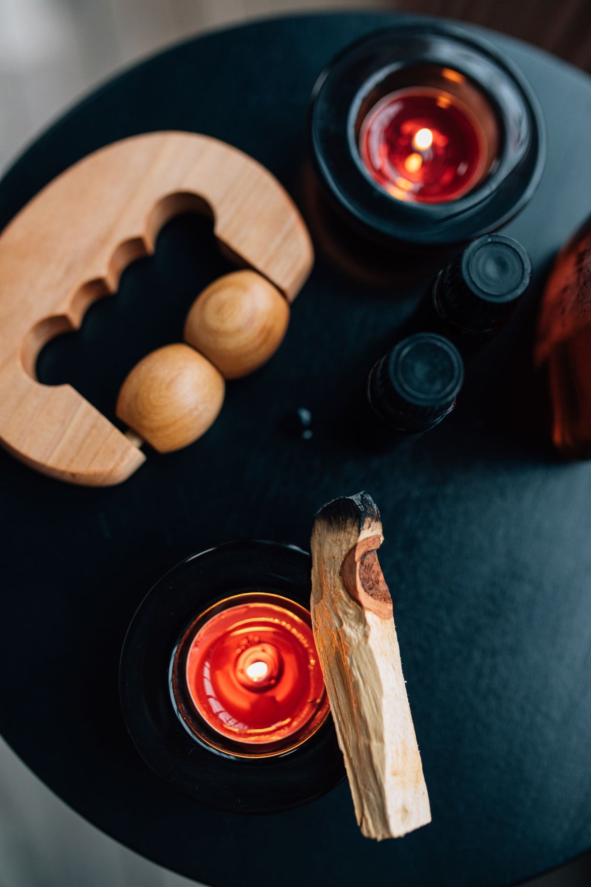 Lit candles on a table