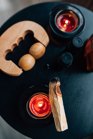 Lit candles on a table